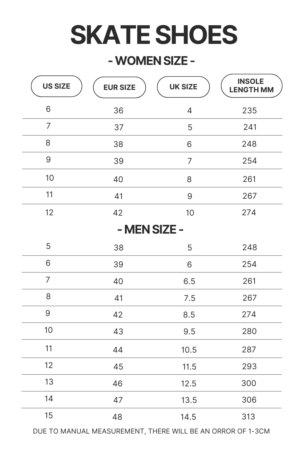 Skate Shoes Size Chart - Haikyuu Stuff
