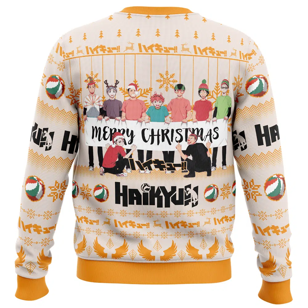 Merry Christmas Karasuno High Haikyuu Ugly Christmas Sweater BACK mockup - Haikyuu Stuff