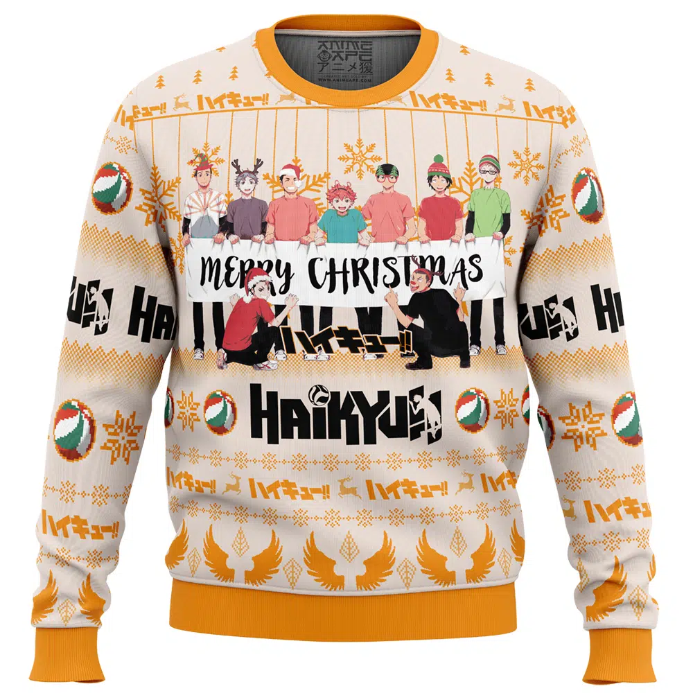 Merry Christmas Karasuno High Haikyuu Ugly Christmas Sweater FRONT mockup - Haikyuu Stuff